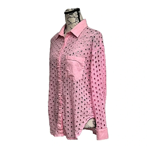 Lena Pink Sheer Eyelet Crochet Button Up Blouse Barbie Preppy Coastal M Y2k - Picture 3 of 12